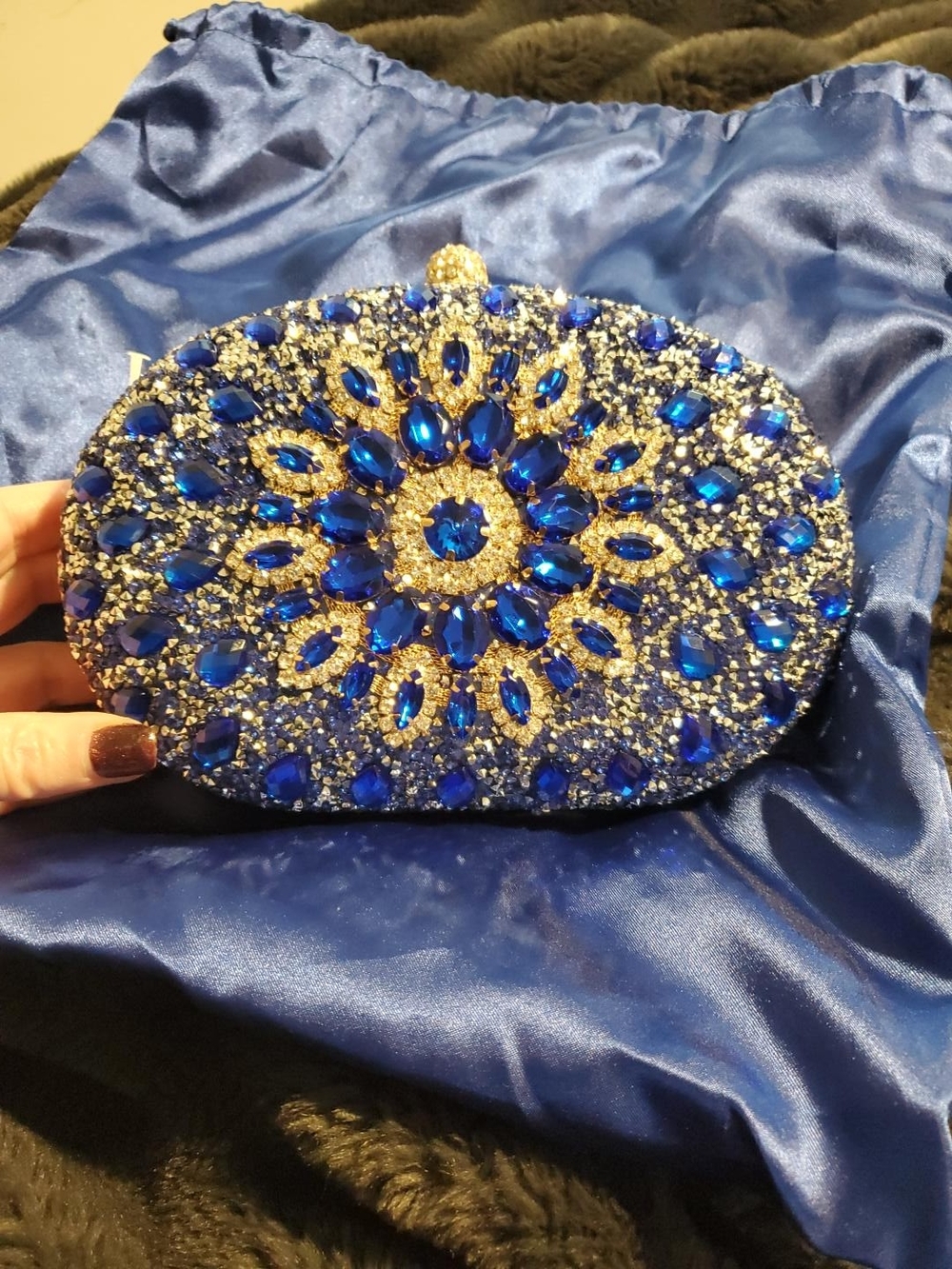 Verano Hill Blue Crystal Rhinestone Evening Clutch Gold Chain Formal Bag